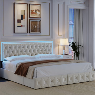 Kendrall Upholstered LED Bed Frame with Storage Drawers & Adjustable Headboard