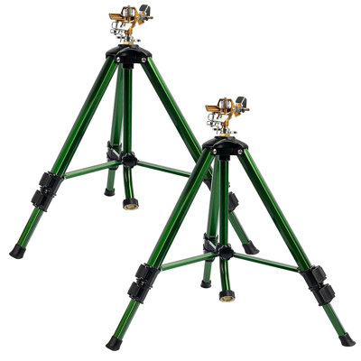 Impact Sprinkler on Tripod Base, 2 Pack Heavy Duty Sprinklers for Lawn Yard Garden, 0-360 Degree Large Area Coverage, 3/4 Inch Connector Extension Legs Flip Locks with Brass Head