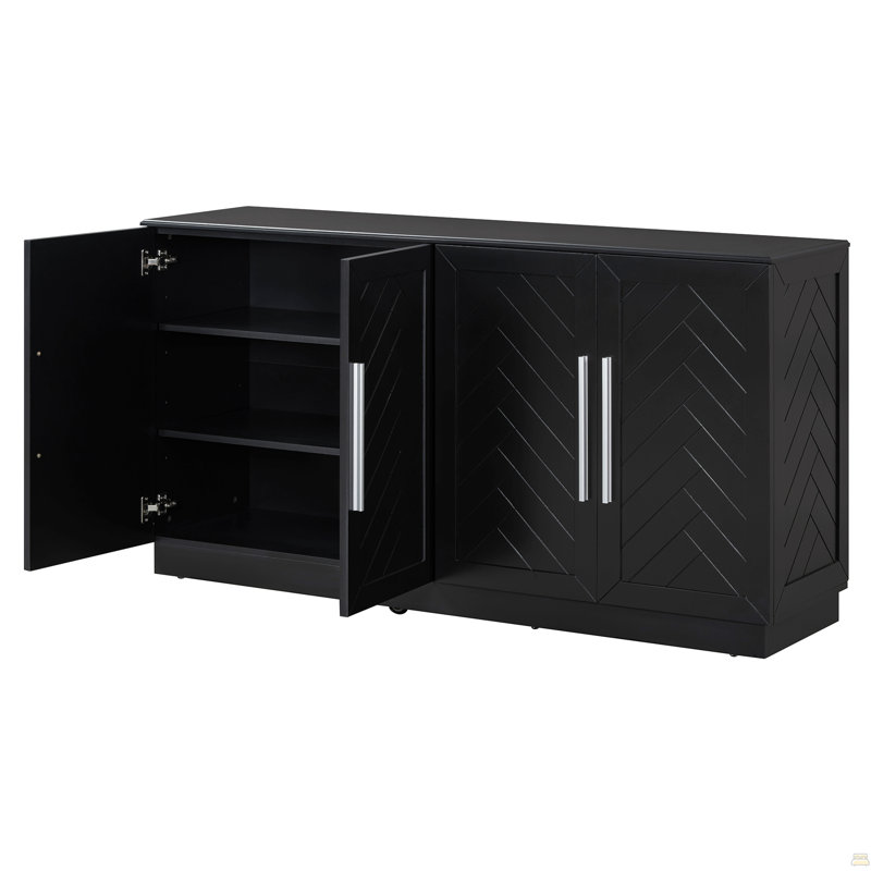 Buffet avec rangement, buffet avec tablettes réglables et armoire à poignées argentées, Black