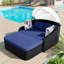 Lit de bronzage d'extérieur 79,9 po avec auvent réglable, lit double, lit de repos en rotin PE, osier et coussin