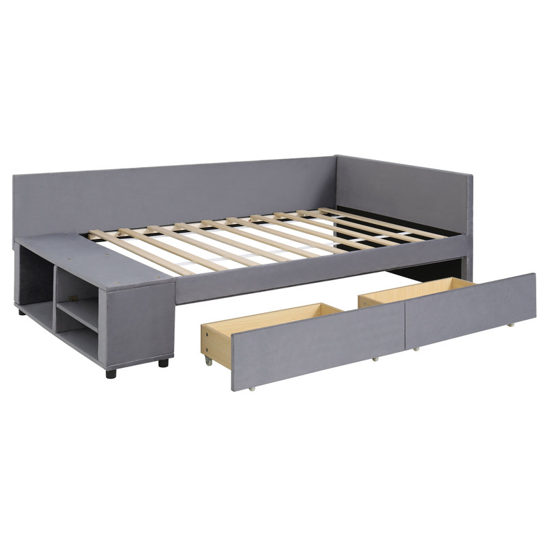 Lit plateforme tapissier en forme de L avec rangement et tiroirs, Gris