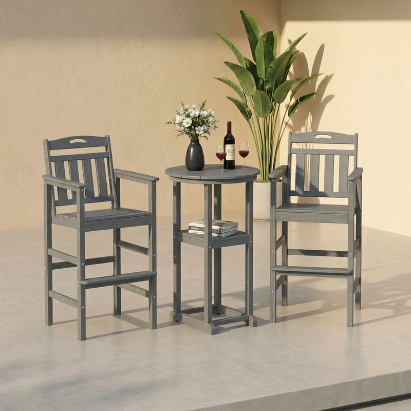 Outdoor HDPE 3-Pieces Patio Bar Sets with Bar Table and Chairs, Gray