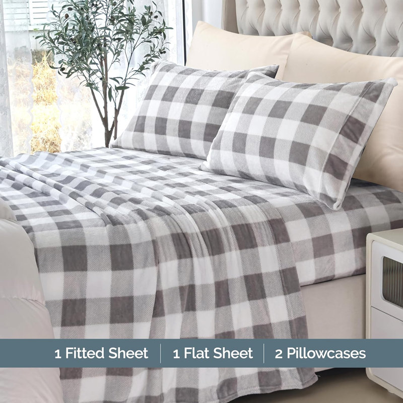 Ensemble de 4 valises pour chambre d'amis, Ensemble de draps pour grand lit avec 2 taies d'or, Gris carreauté
