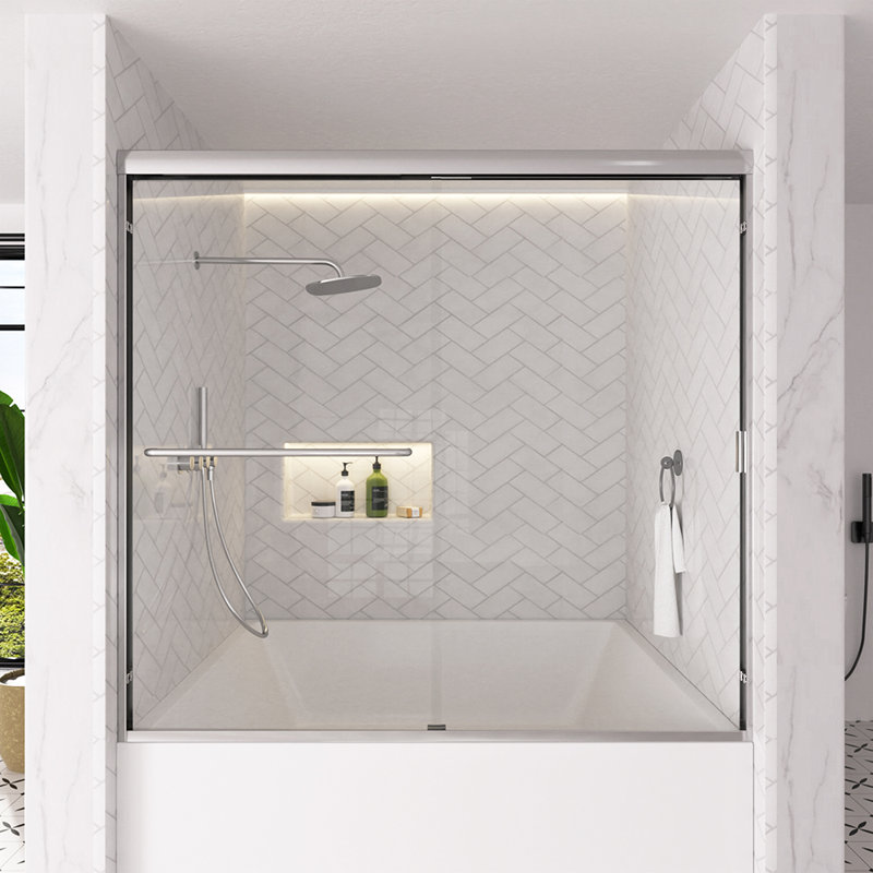 Nebula 60 In. W X 56 In. H Sliding Bath Tub Door In Semi Frameless With Clear Glass in Silver, Silver
