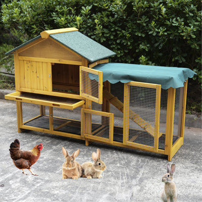 Outdoor Rabbit Cage With Deeper Tray, Removable Mesh, Sun Protection Cover, Three Freely Movable Doors, High - Quality Solid Wood, 37.8 Inches High, 59.8 Deep, 20.08 Wide Cages Detachable Panel,