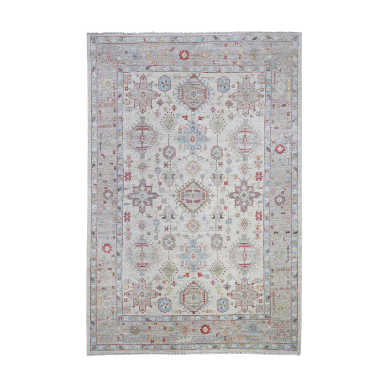Tapis beige nouvel âge noué à la main de conception unique 6 pi x 9 pi Vershon