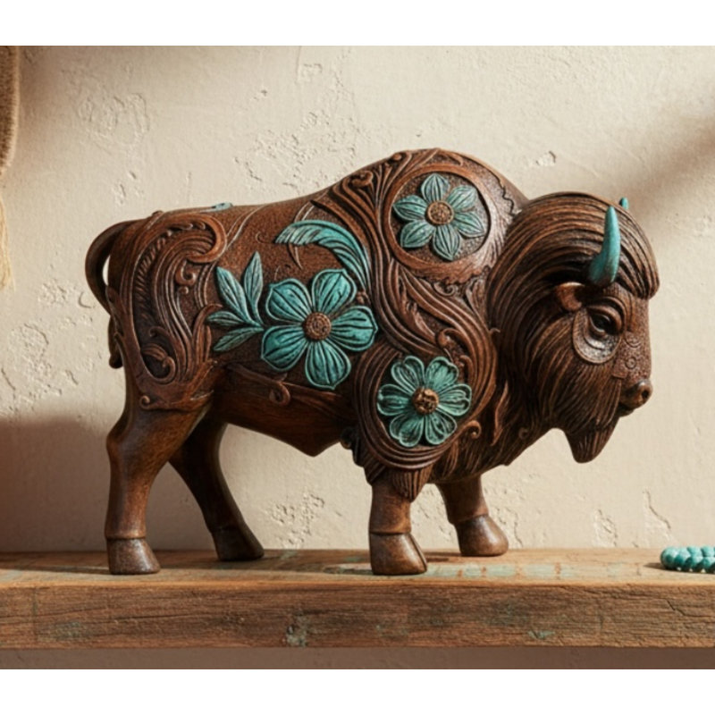 Sculpture de bison turquoise rustique Sud-Ouest