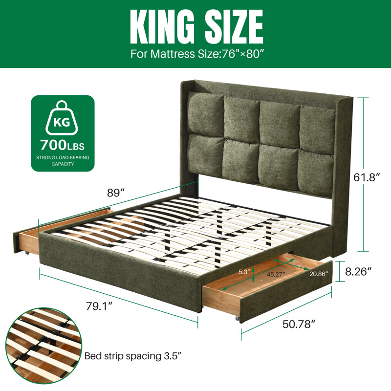 Upholstered Wingback Bed with 2 Large Under-Bed Drawers, King, Green