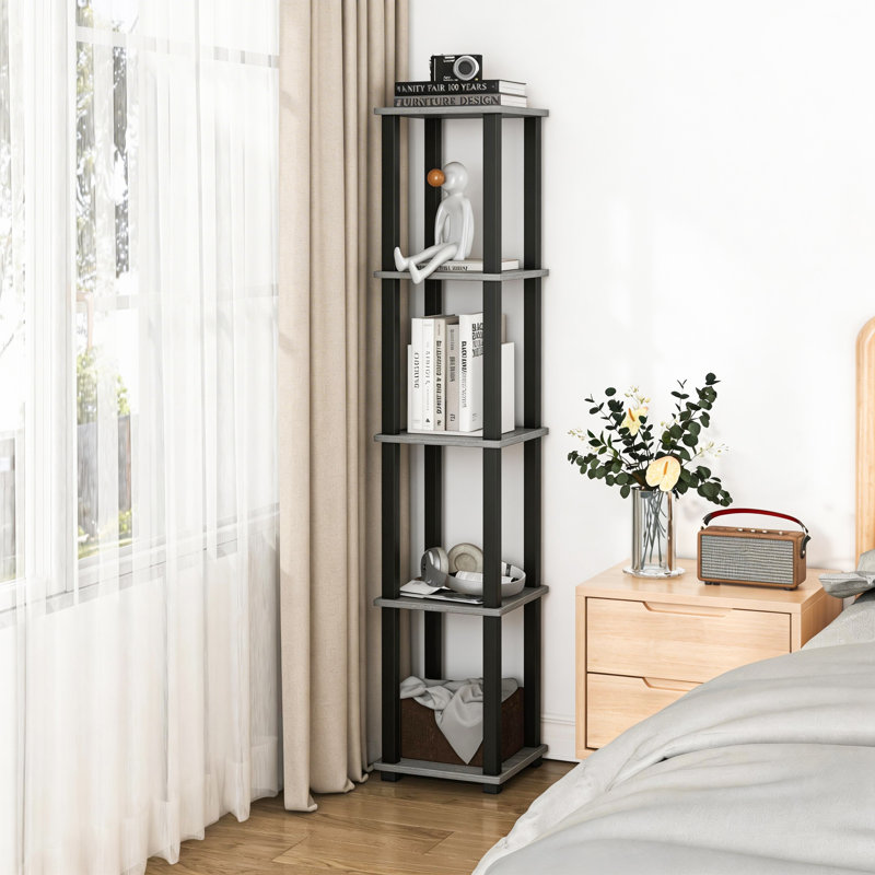 5-Tier 57.7" Corner Shelf, Open Shelves for Display and Storage, Gray/Black, (5 Shelves) 57.7"H x 11.6"W x 11.6"D