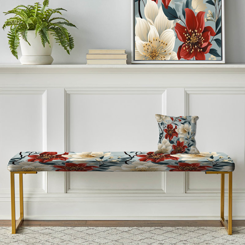 Banc floral rembourré or, Motif floral d'orchidées rouges et blanches