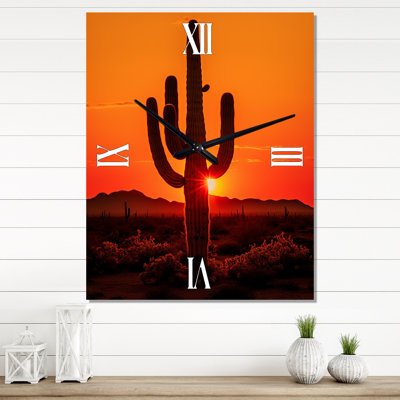Orange, noir, cactus, désert, coucher de soleil, Saguaro - très grandes horloges murales florales