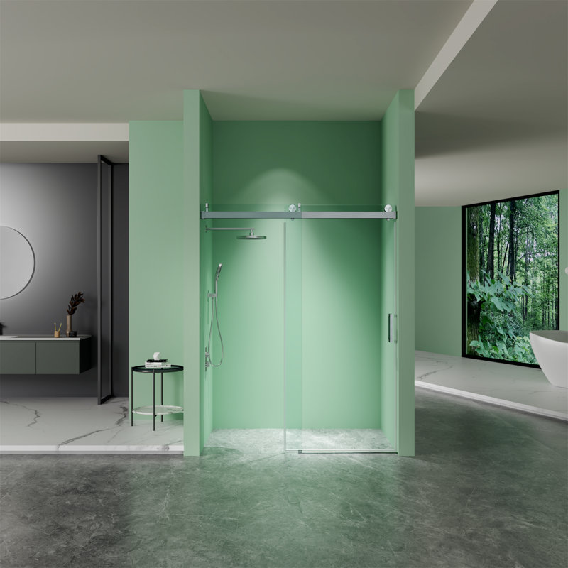 Sliding Frameless Soft-Close Shower Door, Tempered Glass, Brushed Nickel