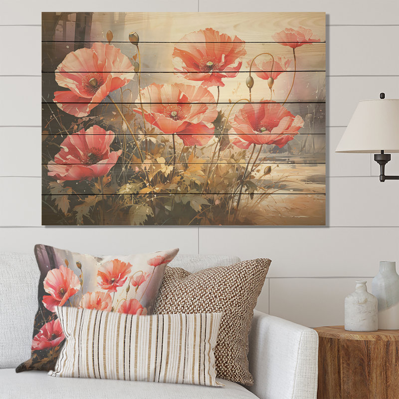 Red And Green Poppy Reverie III - Poppies On Wood Print, 30" H x 40" W x 0.78" D