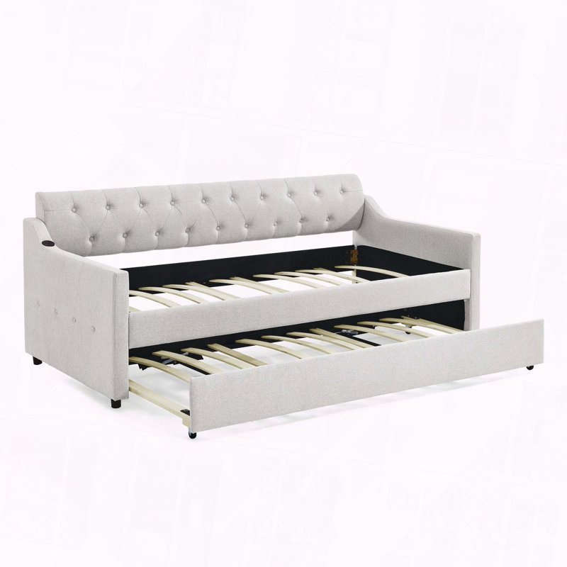Upholstery DayBed Erectable Trundle USB Charging Linen Design, Beige