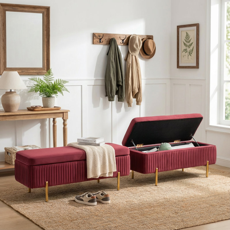 Leaysia Velvet Upholstered Flip Top Storage Bench, Red