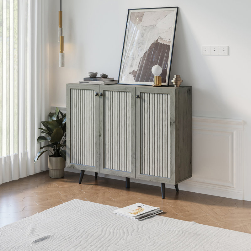 Storage Cabinet With Three Doors,Wood Sideboard Buffet Storage With Adjustable Shelf, Gray