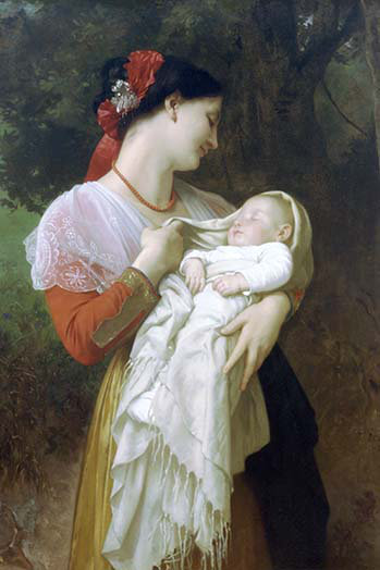 Reproduction d’art sur cadre maternel par william bouguereau, H 36 po x l 24 po x P 1,5 po