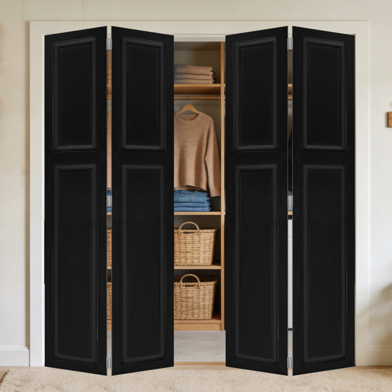 Doubel 2 panneaux pliables 80 po x 48 po Doubel Porte de grange coulissante en bois aggloméré noir avec ensemble de quincaillerie