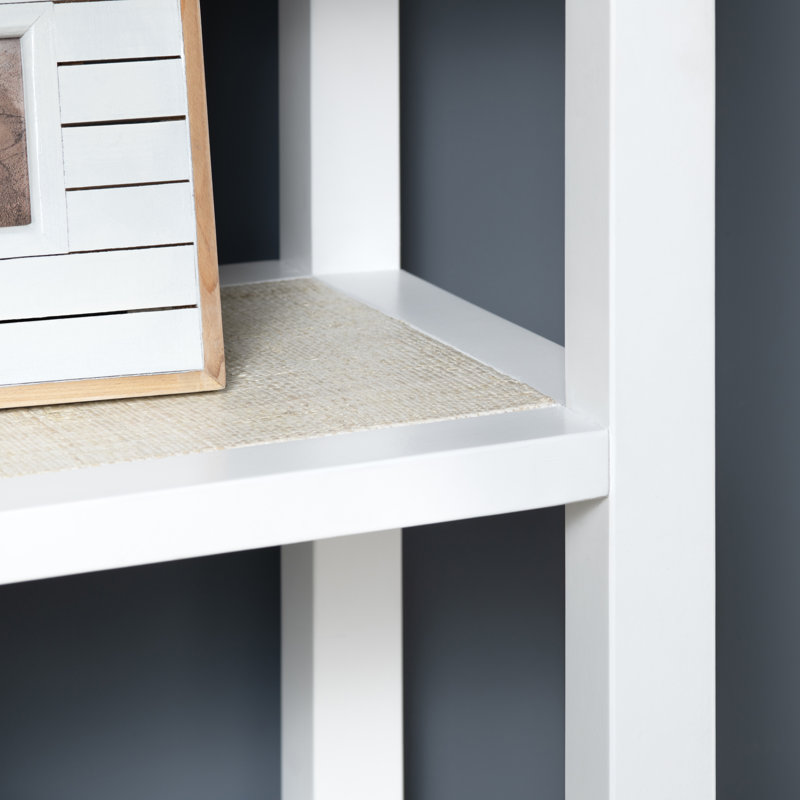 Mordcha 78.5 in. Solid Wood and Raffia 2 Door 3 Shelf White Etagere Bookcase