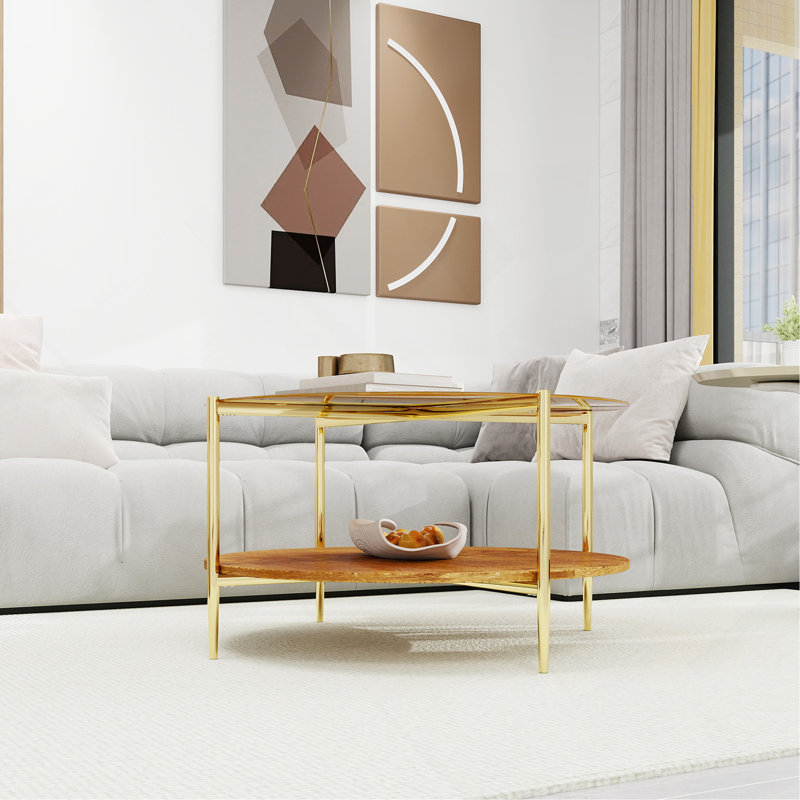 Table basse ronde moderne moderne à double couche + verre trempé + rangement et décoration + diamètre 32,28 po + couleur or