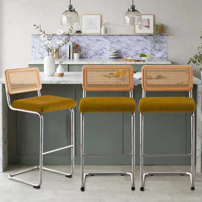 Georgios Velvet Upholstered Cane Back Bar & Counter Stool