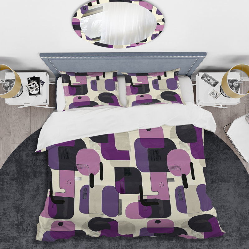 Mauve géométrique rétro - Ensemble de housse de couette géométrique rétro, Housse de couette simple et deux taies décorative