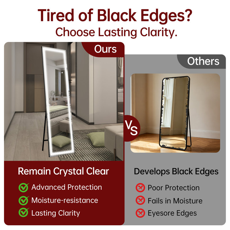  Sumerain 60"x16" Black Edge Resistant LED Full Length Mirror with Lights, Black Frame, Shatterproof Tempered Glass, Dimming & Memory Function, Full Body Floor Standing Mirror for Bedroom, Living Room, Dressing Room