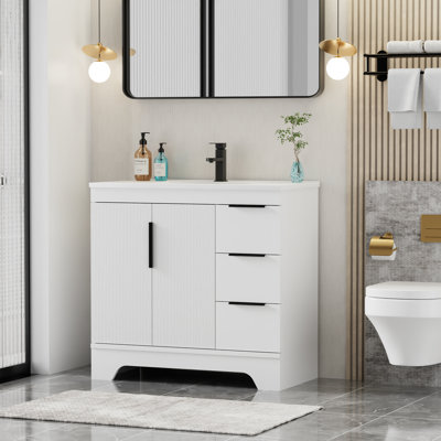 Skeen 36" Mid-century Modern Single Bathroom Vanity Set With Resin Sink Top, Faucet, Assembly Required