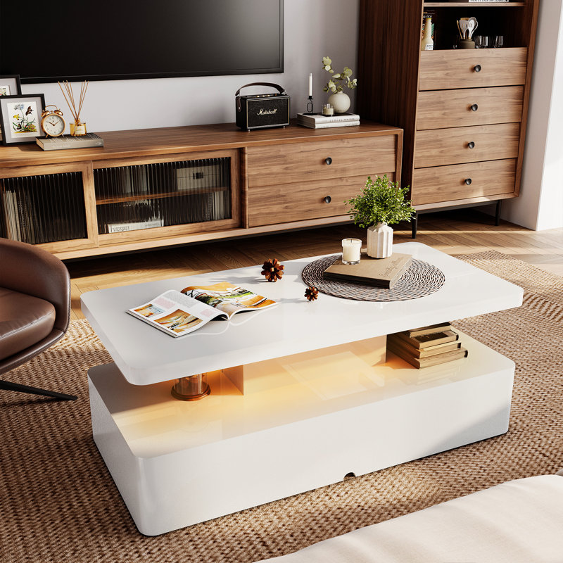Contemporary Coffee Tables For Living Room, Led Coffee Table With Rounded Corner In 16 Colors, High Gloss 2 Tiers Table With Hidden Power Supply