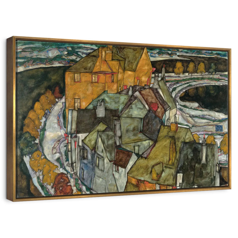 Croissant des maisons II, 46 po x 31 po, Cadre flottant doré