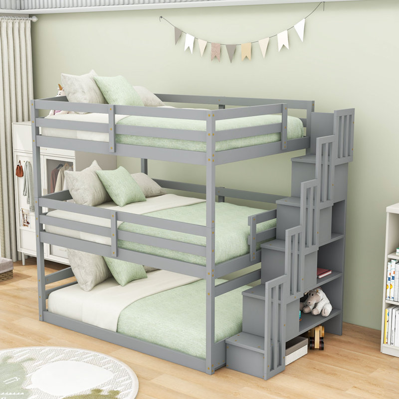 Triple Bunk Bed With Storage Staircase, Gray