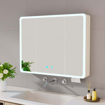Armoire à pharmacie DEL pour la salle de bain avec lumière blanche une couleur, anti-buée, armoire en plastique-aluminium facile à installer. (27,56 x 35,43 trois portes)