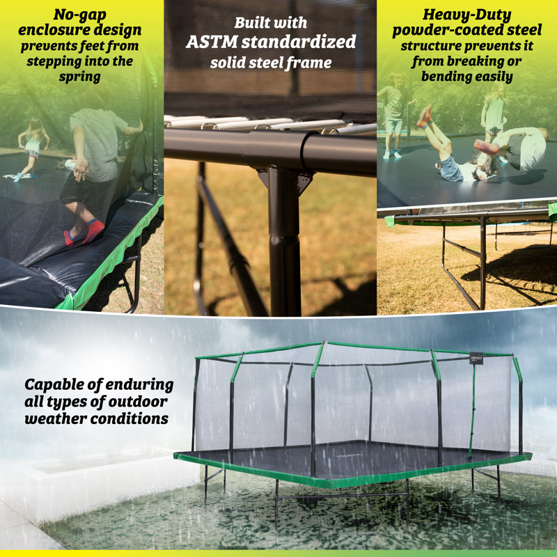Machrus Upper Bounce 12 x 12 FT Square Trampoline Set with Premium Top-Ring Enclosure and Safety Pad, Black/Green