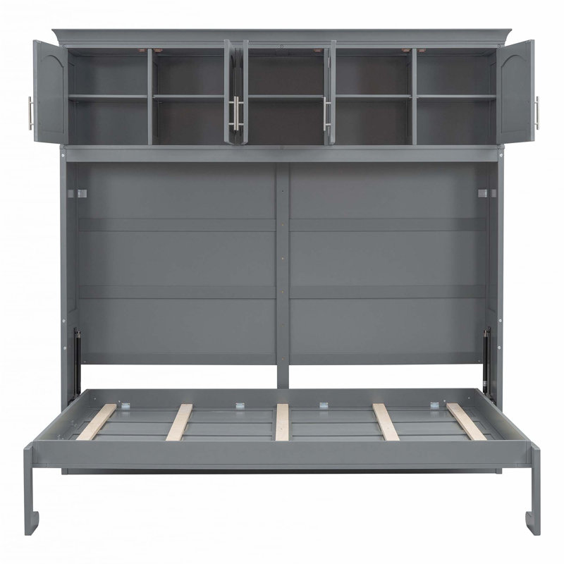 Grand lit escamotable mural avec armoires supérieures, gris
