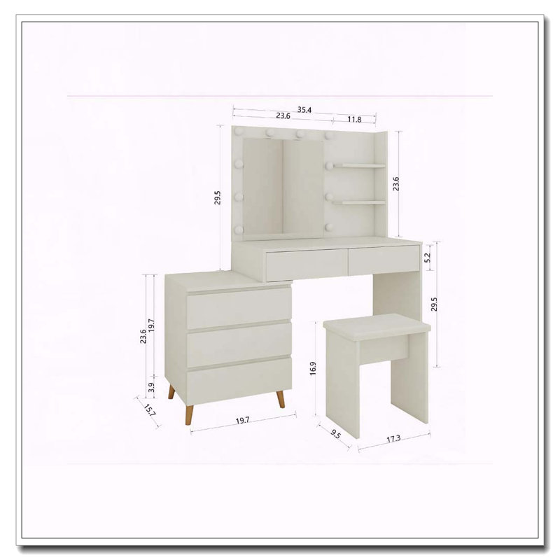 Coiffeuse avec miroir à DEL, tiroirs de rangement, tabouret assorti et compartiments de rangement à DEL
