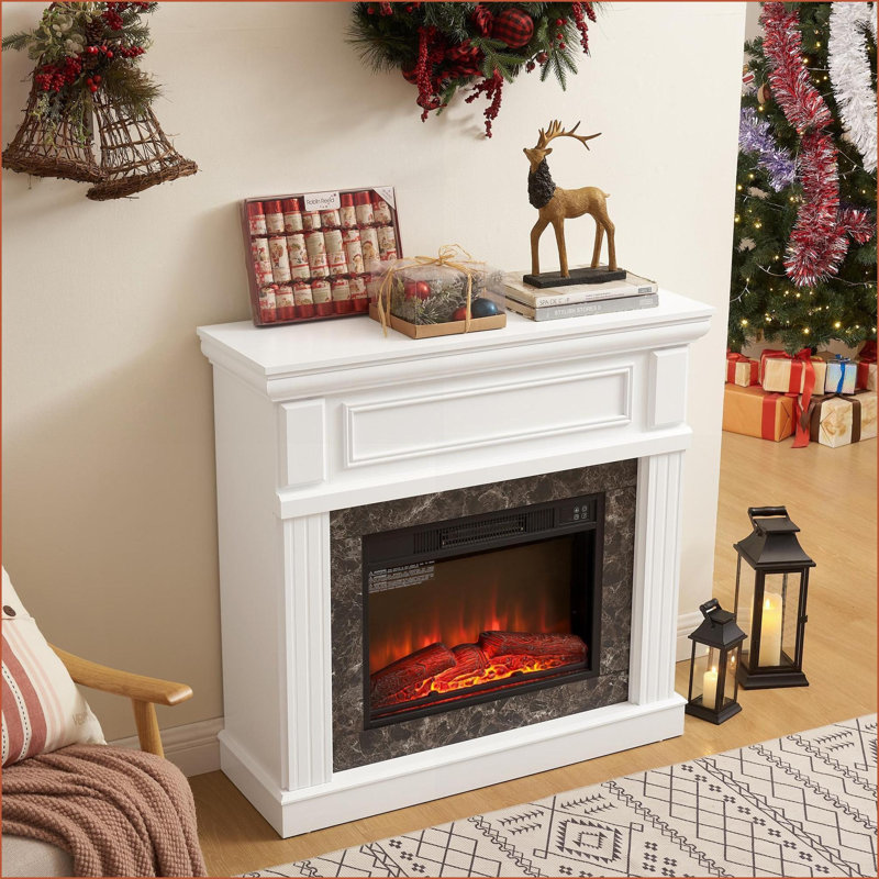 Foyer intérieur avec manteau de cheminée, insert de 23 po, flamme réglable, télécommande | Blanc neige, l 41,34 po x P 14 po x H 40 po | Panneau de fibres à densité moyenne