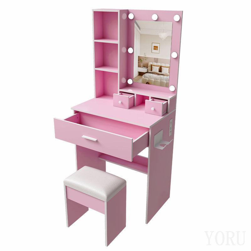 Table de coiffeuse avec miroir et lumières DEL réglables, prise de courant, support pour sèche-cheveux et tabouret - Bureau de coiffeuse compact pour les petites chambres (rose)