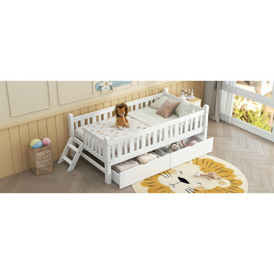 Wood Twin Size Platform Bed With Guardrail And 2 Drawers