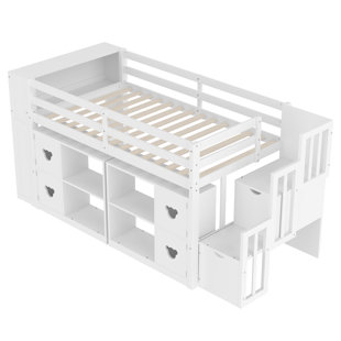 Twin Size Low Loft Bed With Shelves, Storage Headboard, And Stair