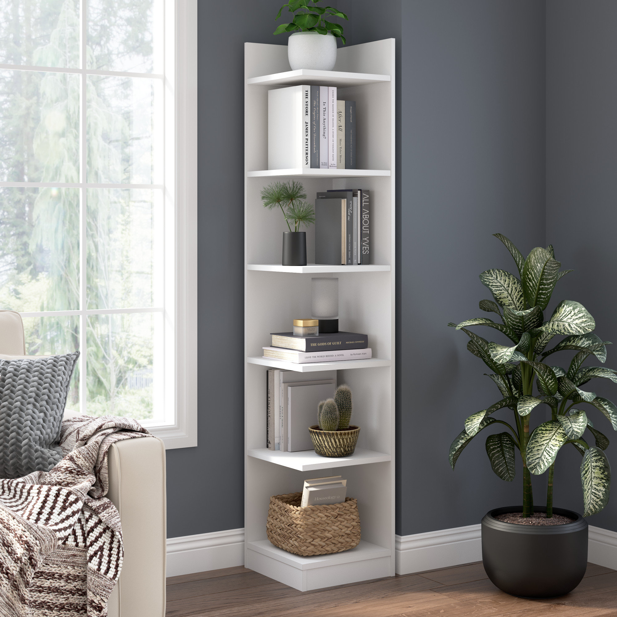 Bush Furniture 15W Tall Corner Bookshelf, 6 Shelf Narrow Bookcase For
