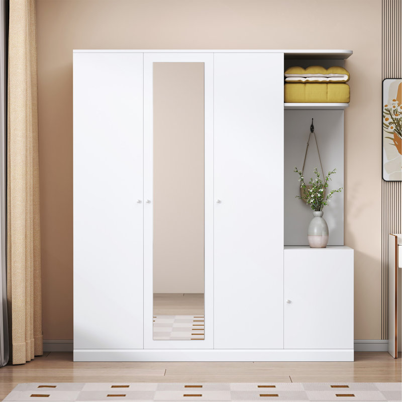 Armoire 4 portes avec tablettes, tiroirs et miroir pleine grandeur, Blanc