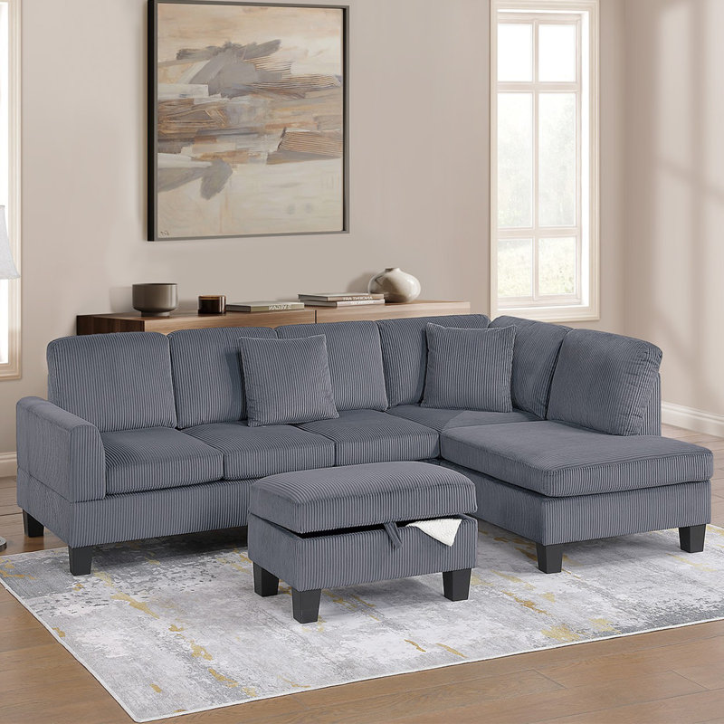 Ensemble modulaire 3 pièces avec repose-pieds, Velours côtelé gris