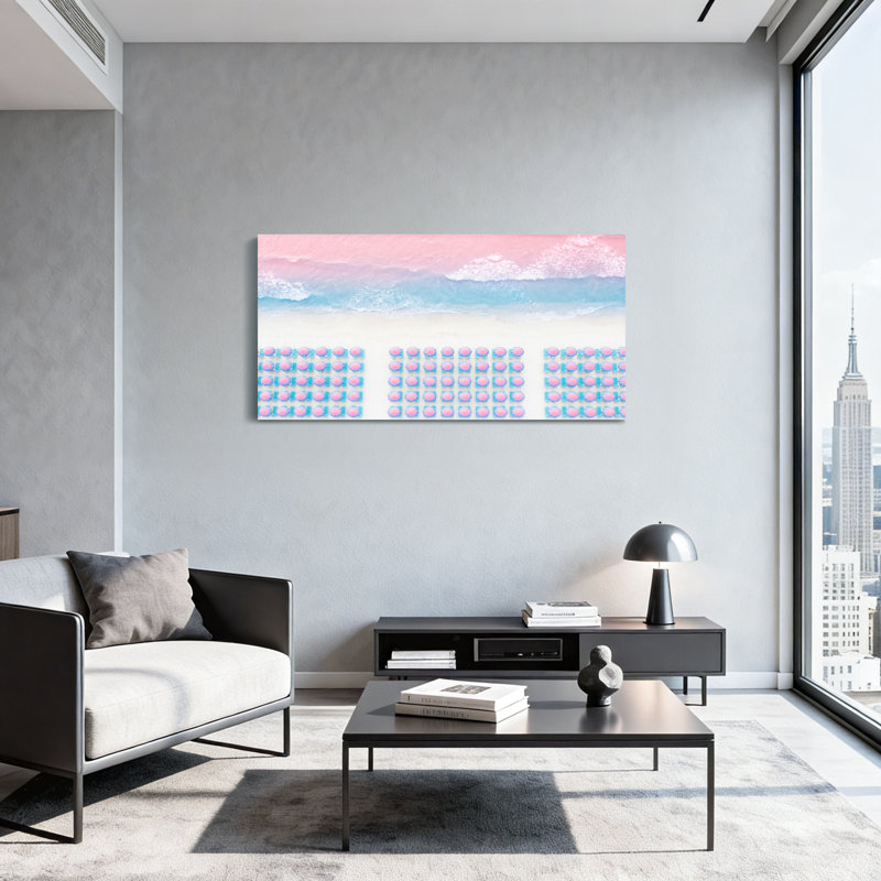Scènes de paysage pastel et paysages urbains avec pastilles roses, H 20 po x l 40 po