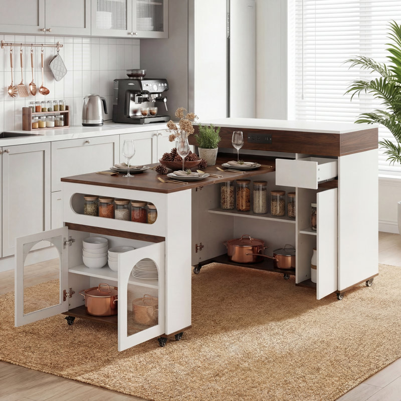 Extendable Rolling Kitchen Island Dining Table with Folding Top, Drawers, Power Outlet & Brake Lock, Storage Cabinet