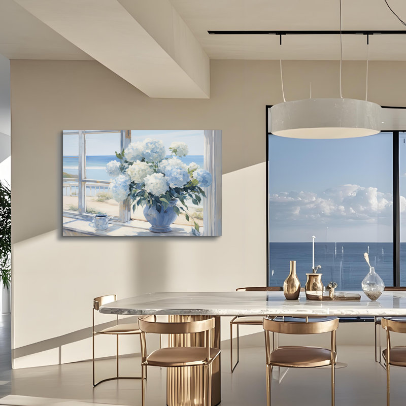 Fleur rustique, art mural, fenêtre, paysage marin, bord de mer, paysage, peinture, hortensia blanc, impressions sur toile