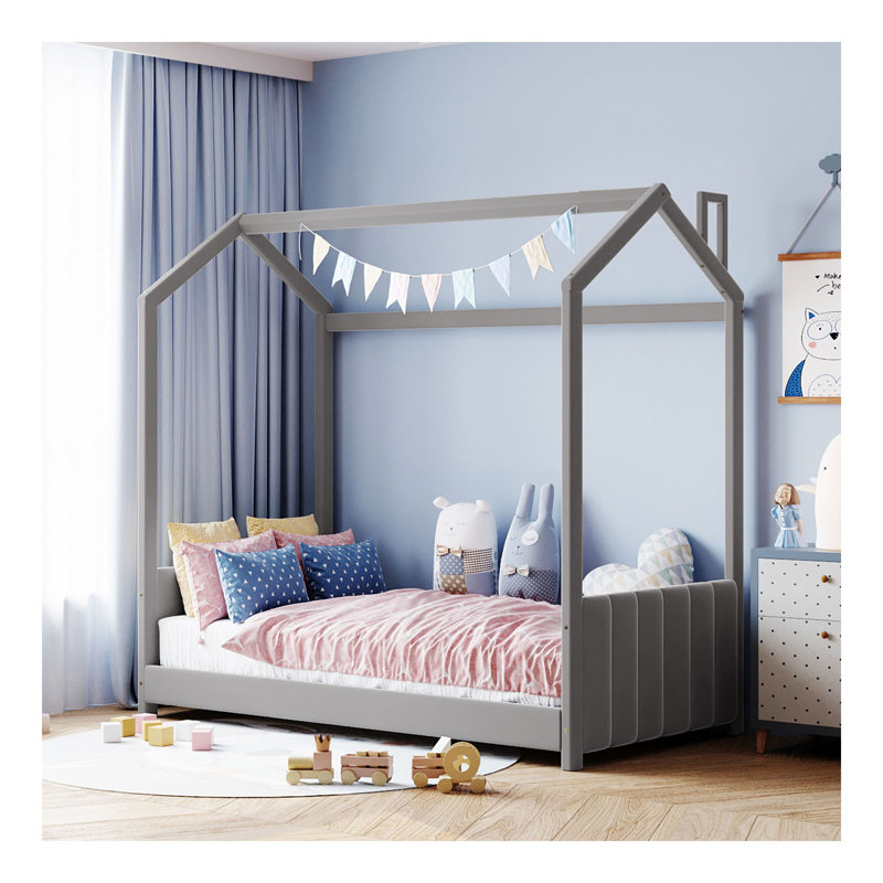 Lit simple en bois et velours, gris, Lit simple