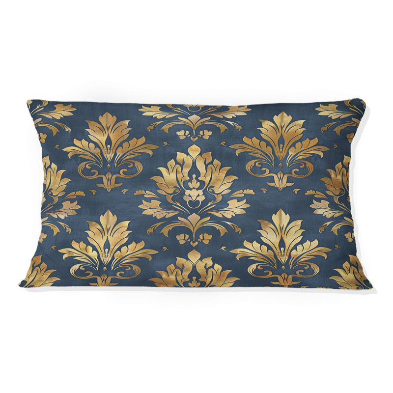 Blue Gold Timeless Damask Art I - Transitional Lumbar Pillow