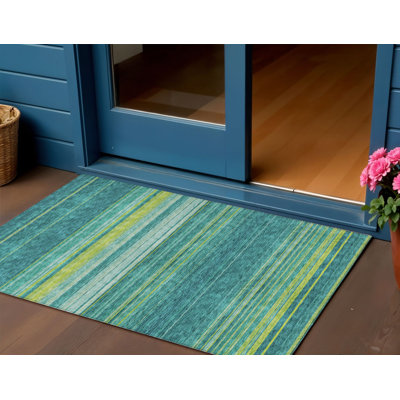 Tapis extérieur lavable rayé bleu sarcelle, vert lime et turquoise 3 pi x 5 pi