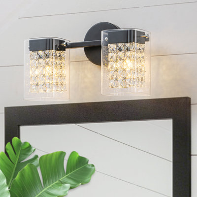 2-Light Modern Matte Black Bathroom Vanity Light, Dimmable Wall Sconce with Clear Glass and Crystal Inner Shade