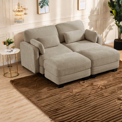 Canapé d'angle à compression, canapé moderne 2 places en chenille camel avec poufs